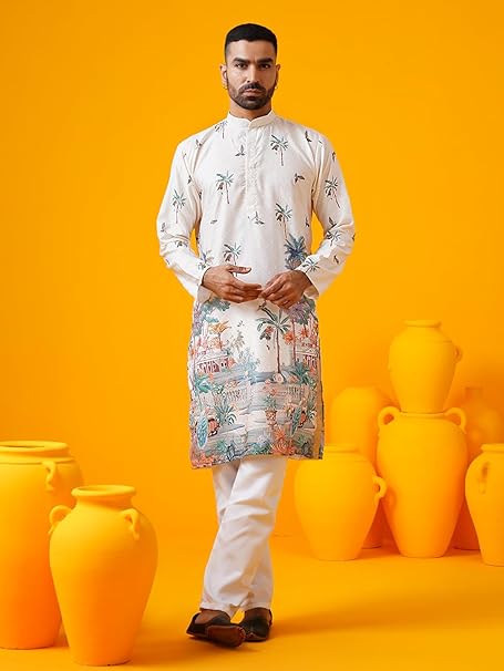 Men's Cotton Long Kurta with Daman Print & Krochet Embroidery